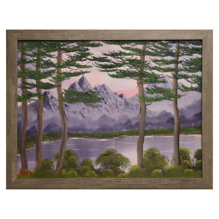 #129 Pink Sky Mountains original oil on canvas 18"x24" with a gray frame