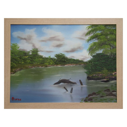 #147 Our Lake original oil on canvas 18"x24" with a beige frame