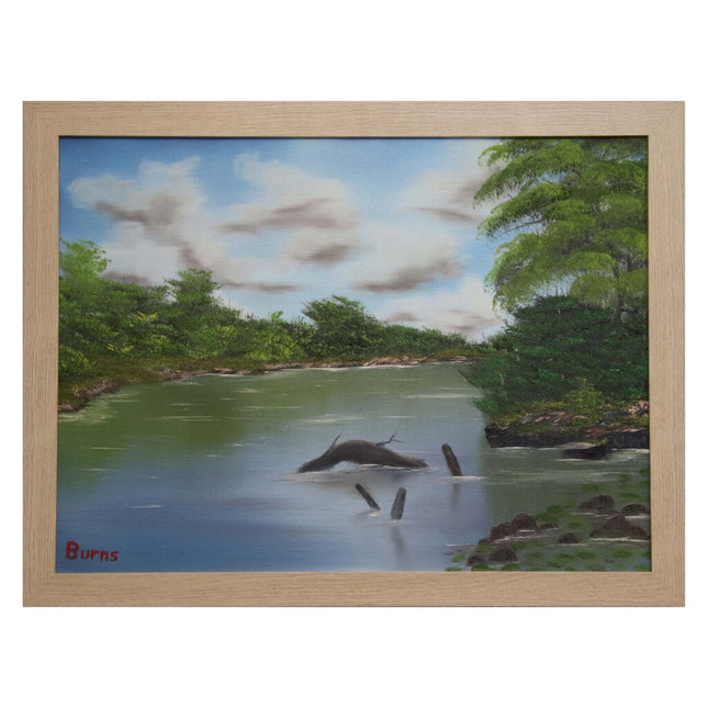 #147 Our Lake original oil on canvas 18"x24" with a beige frame