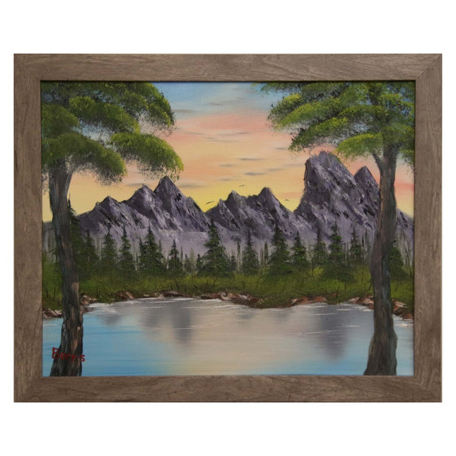 #150 Mountain Reflections original oil on canvas 16"x20" with a gray frame