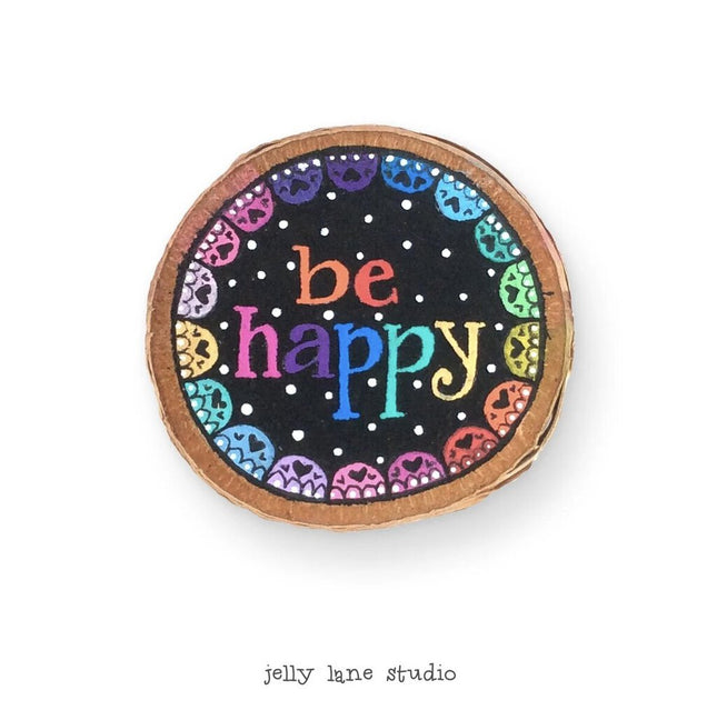 BE HAPPY rainbow woodslice ornament