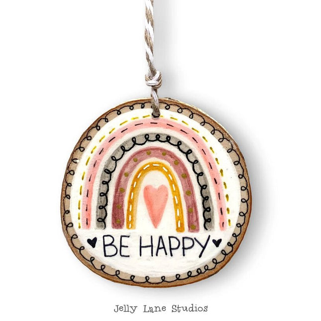BE HAPPY boho rainbow woodslice ornament