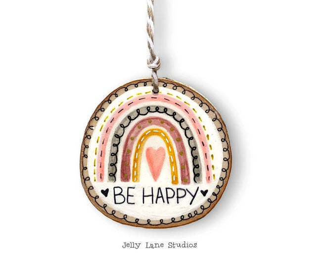 BE HAPPY boho rainbow woodslice ornament