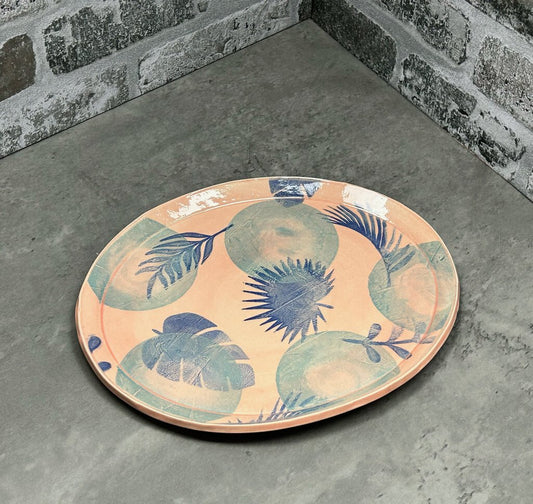 tropical leaf oval plate, stoneware