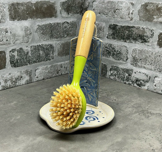 draining dish brush stand with brush, stoneware