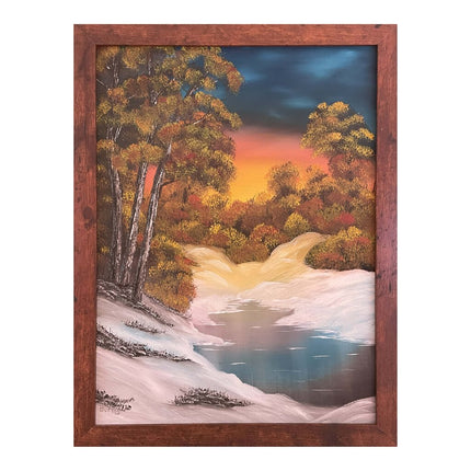 #187 Golden Sunset original oil on canvas 18"x24" with a brown frame