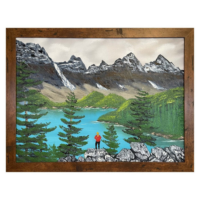 #168 Mountain Serenity original oil on canvas 18"x24" with a brown frame