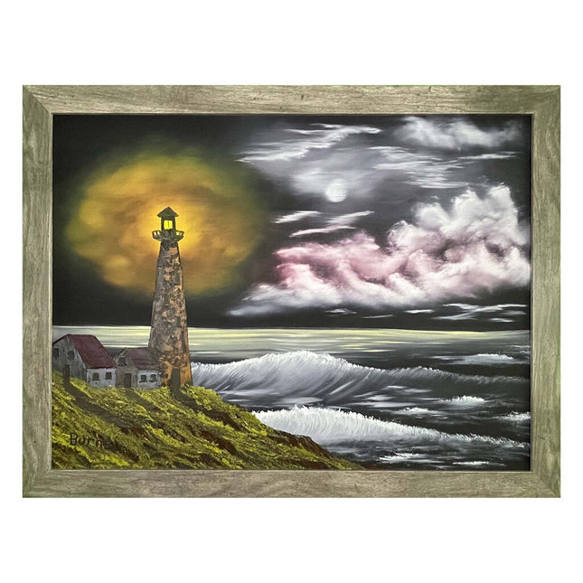 #174 Lighthouse original oil on canvas 18"x24" with a gray frame
