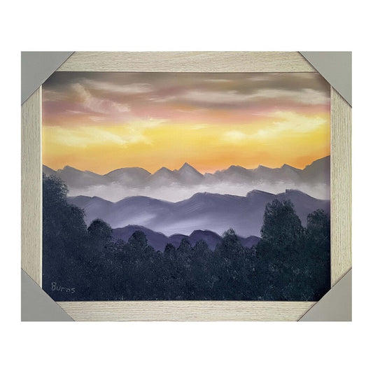 Sunrise Mountains 178 oil on canvas 16"20" with a beige frame by MFB Studios LLC