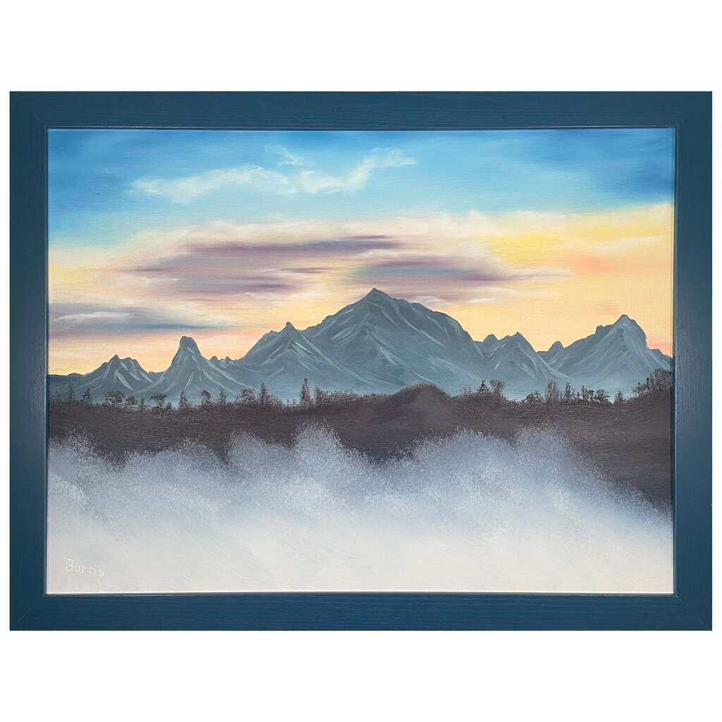 Blue Mountain Sunrise #181 original oil on canvas 18"x24" with a blue frame by MFB Studios LLC