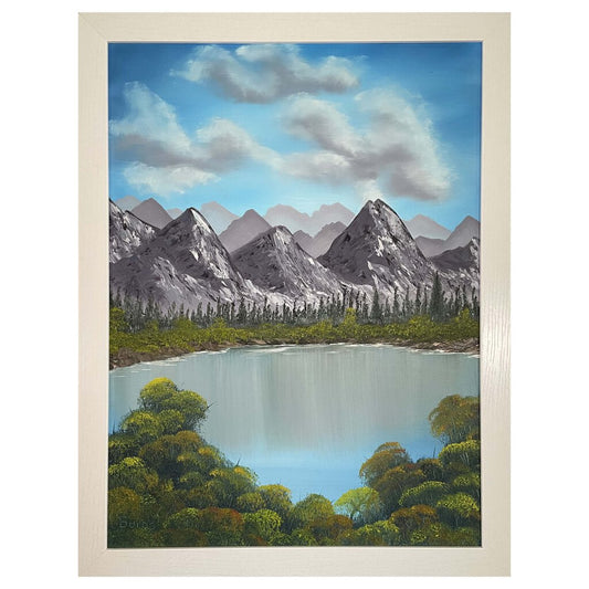 Mountain Lake #182 original oil on canvas 18"x24" with a white frame by MFB Studios LLC