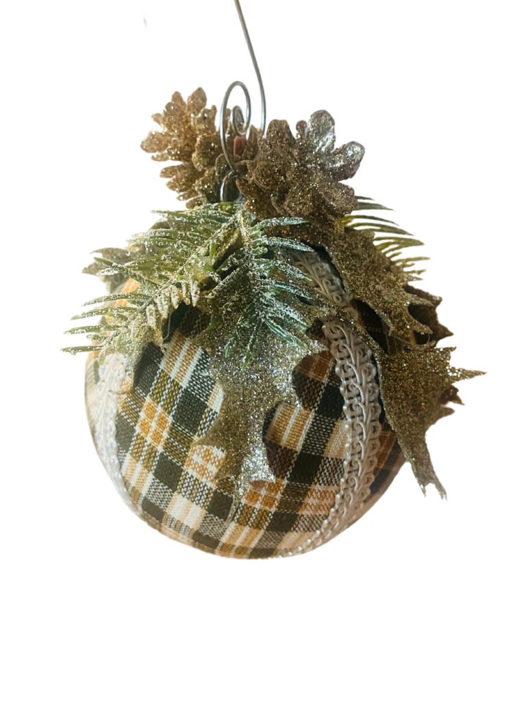 Christmas ornament pinecones and brown plaid