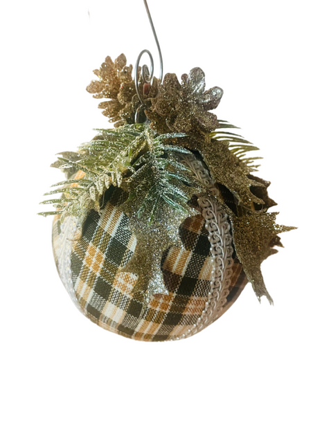 Christmas ornament pinecones and brown plaid