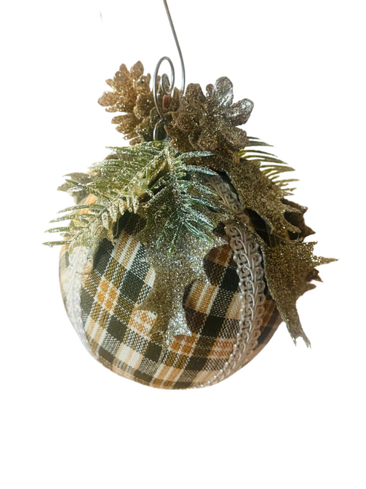 Christmas ornament pinecones and brown plaid