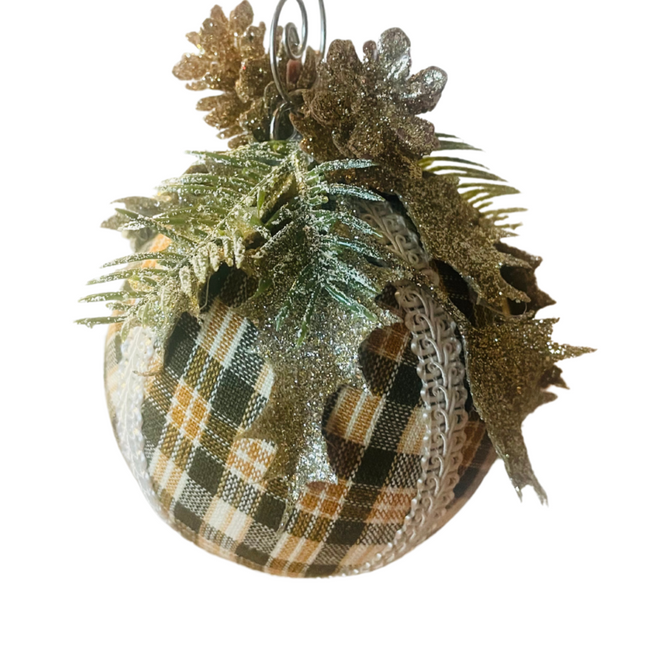 Christmas ornament pinecones and brown plaid