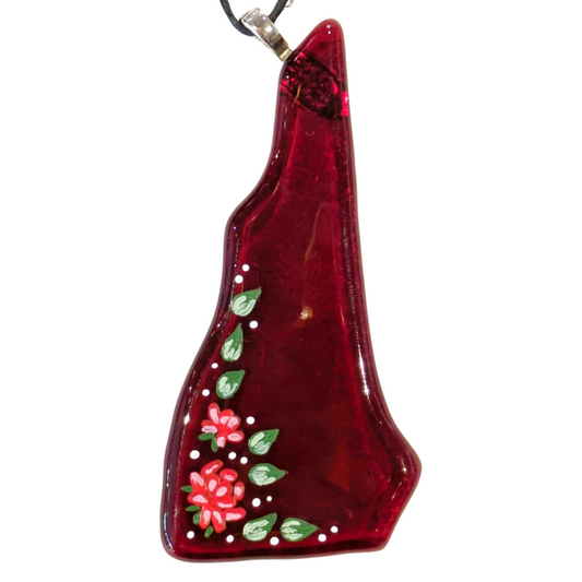 Stained Glass New Hampshire Ornament - Red Flowers