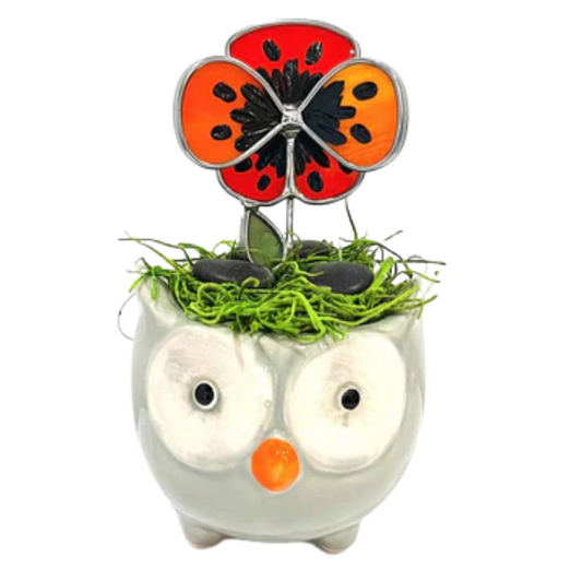 Stained Glass Pansy Pot - Owl