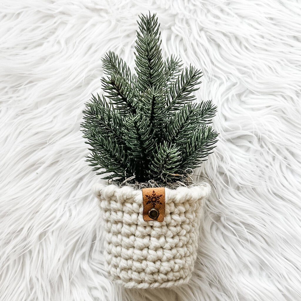 Large Cream Crochet Tree Cozy with Snowflake Tag