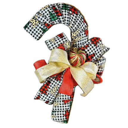 Candy Cane, Small, Plaid Leopard & Gold w/Bow Ribbon, Christmas Door Decor, Holiday Wreath Decoration