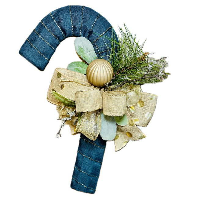 Candy Cane, Small Blue & Gold Farmhouse Christmas Door Hanger, Ribbon Bow Wreath