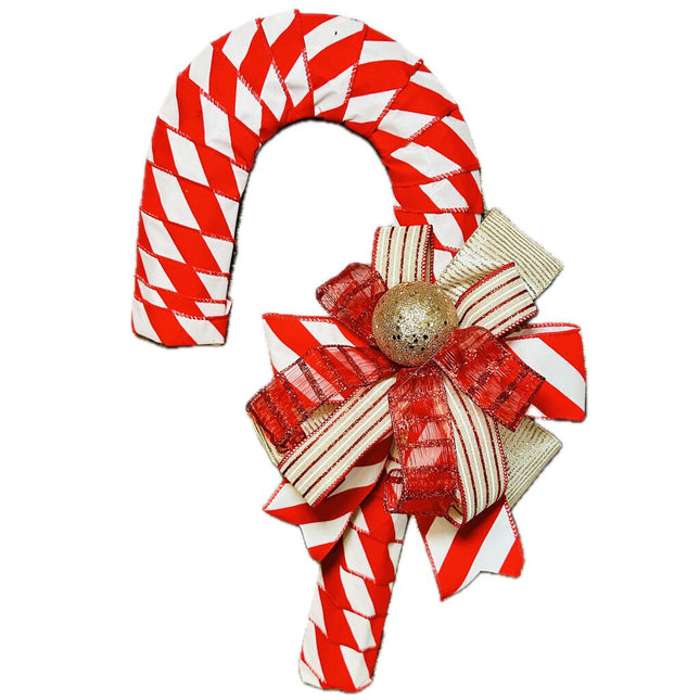 Candy Cane, Large Peppermint Striped Ribbon w/Gold Ball, Holiday Door Hanger, Christmas Wreath