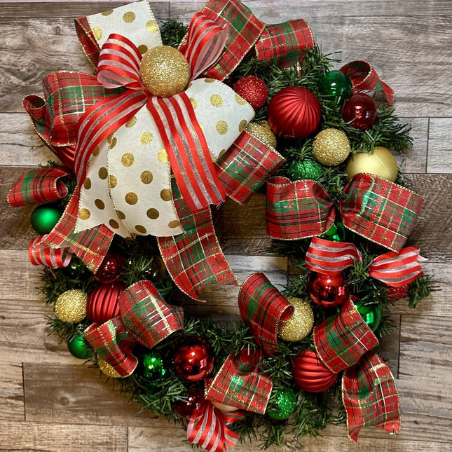 Wreath, Holiday Red Green & Gold Plaid w/Ornaments