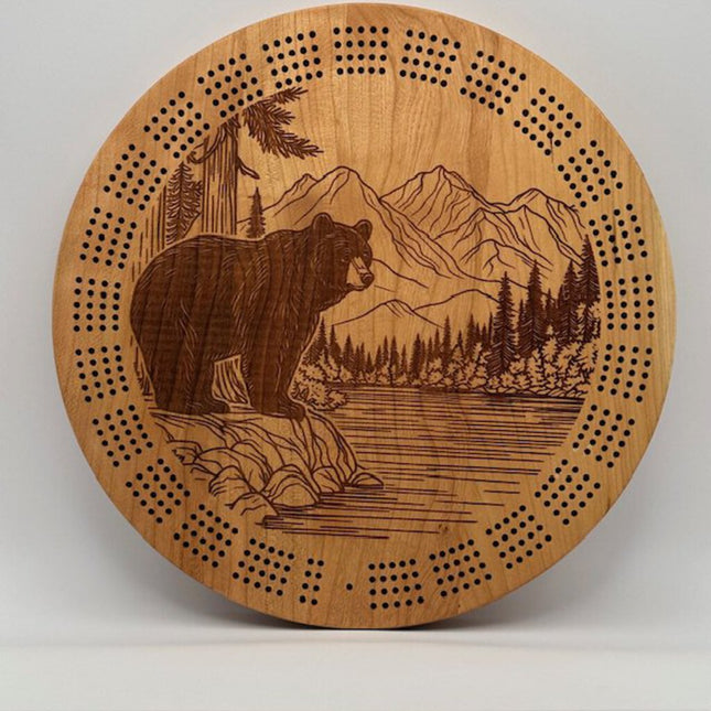 Round Cribbage Board with Bear Scene