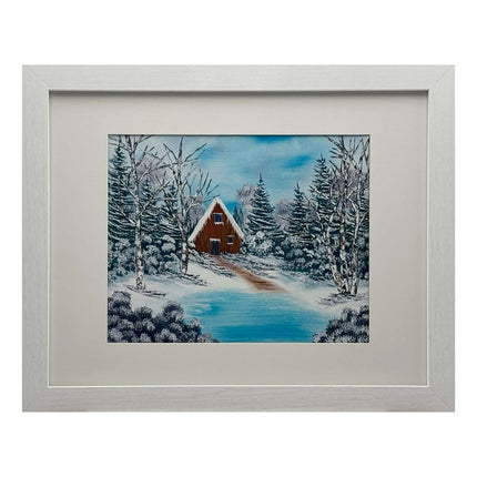 #214-12 Winter Cabin 11x14 white frame - 8x10 print