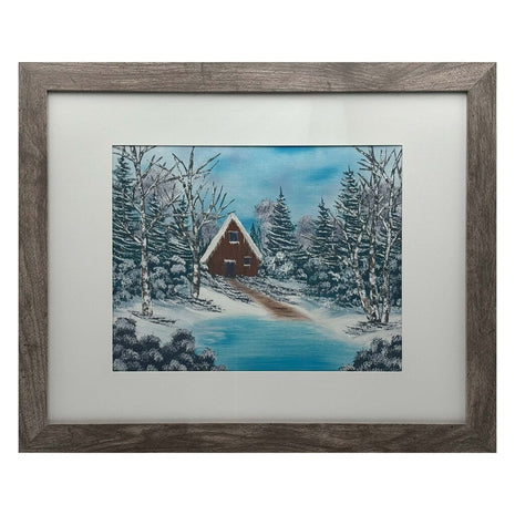 #214-19 Winter Cabin 16x20 gray frame with 11x14 print
