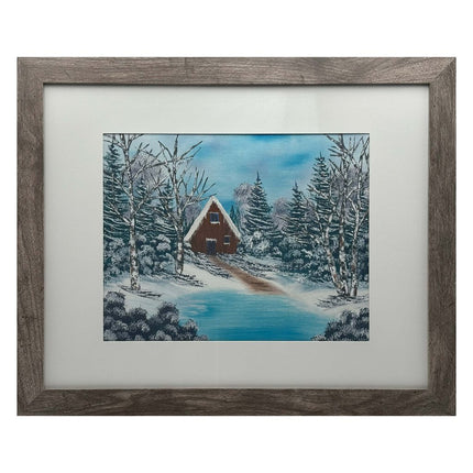 #214-19 Winter Cabin 16x20 gray frame with 11x14 print