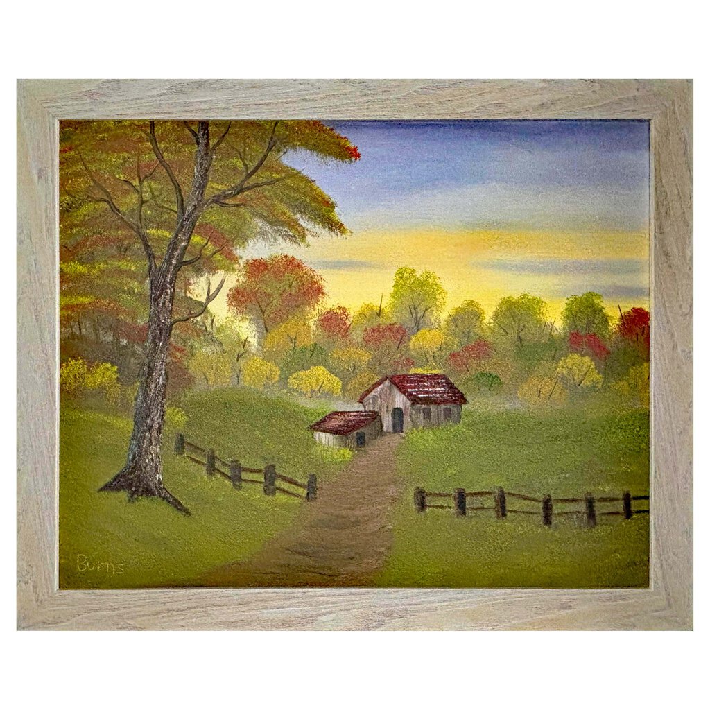 #200 Delightful Meadow Home original oil on canvas 16"x20" with a beige frame