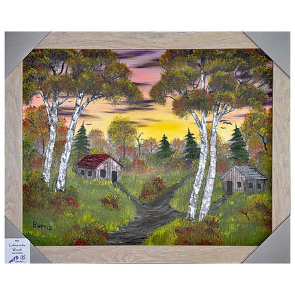 #201 Cabins in the Woods original oil on canvas 16"x20" with a beige frame