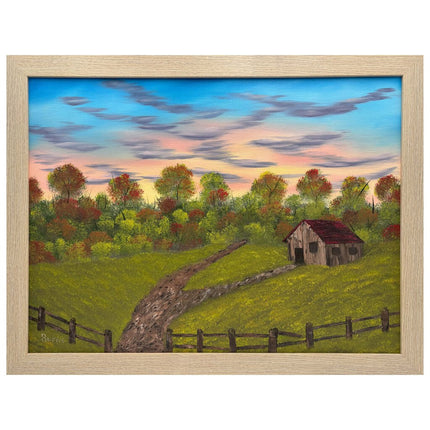 #204 Cottage in the Meadow original oil on canvas 18"x24" with a beige frame