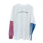 White torso with red and blue sleeves