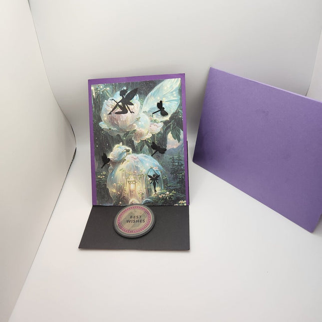 Fairy Easel Card Light Blue Flower Fairy House w Sillouette Fairies