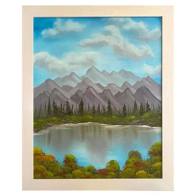 #189 Peaceful Mountain original oil on canvas 16"x20" with a white frame