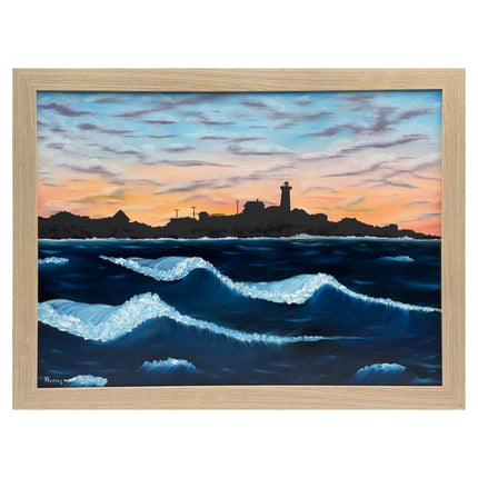 #219 Nubble Light Sunrise III 18x24 original oil on canvas painting beige frame