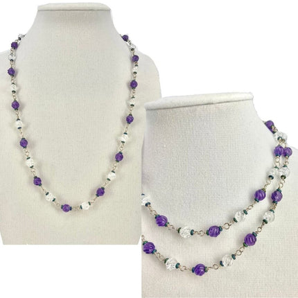 SS-Carved Swirl Quartz & Amethyst linked Necklace