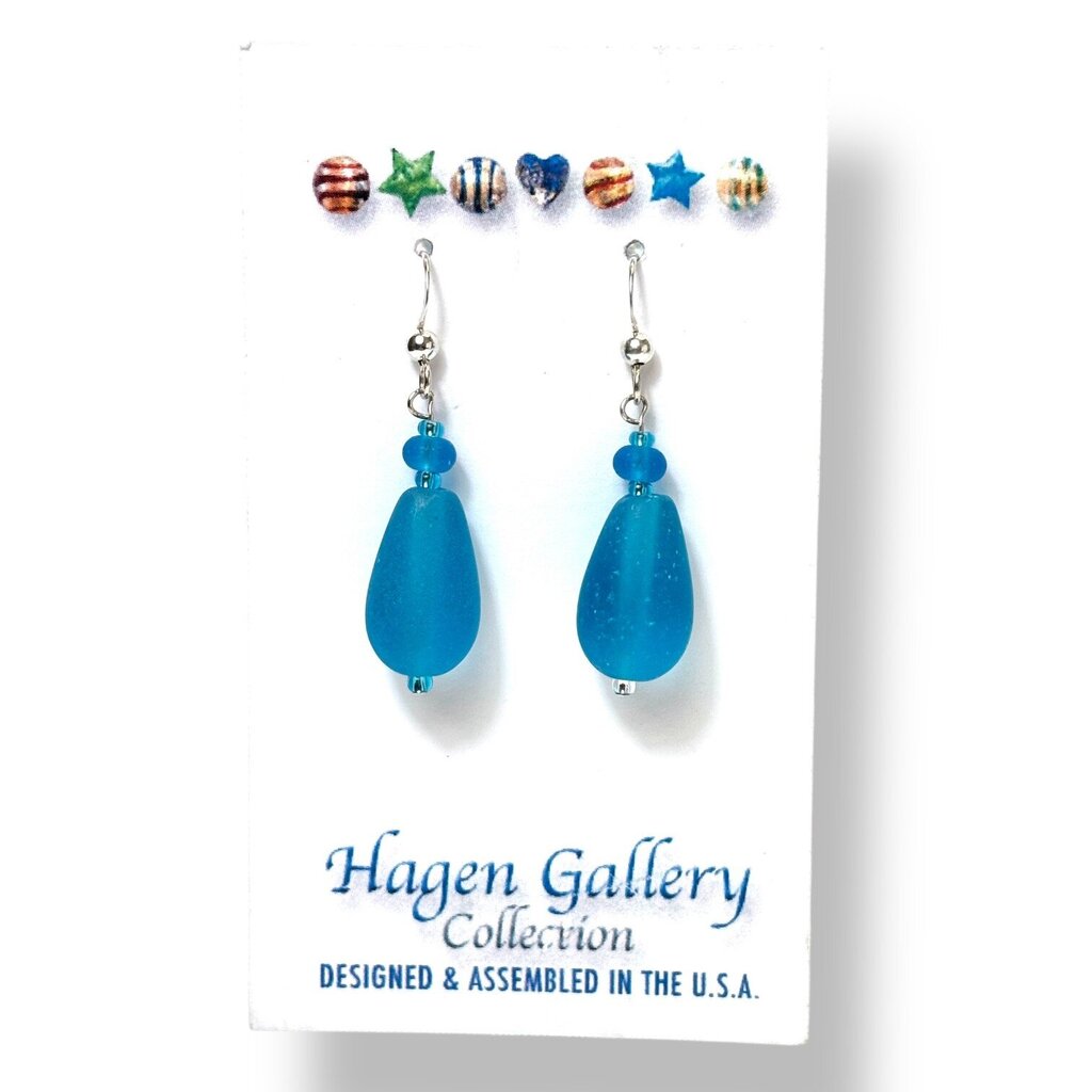 Tumbled Sea Glass Earrings - capri aqua teardrop