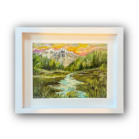 Watercolor Mountain Scene in White frame