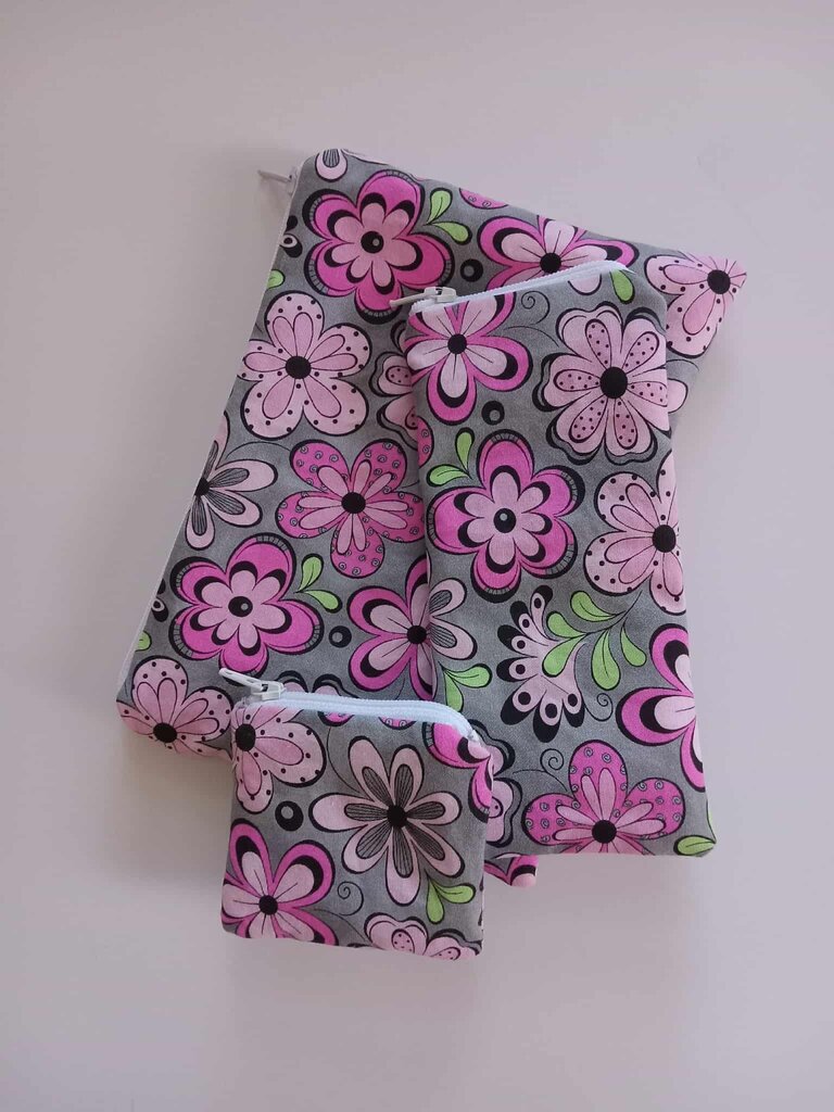 Pencil Pouch Trio Pinks/grey Flowers