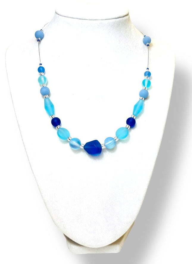 Tumbled Sea Glass Necklace Chunky - Aqua/Cobalt/LtSapphire