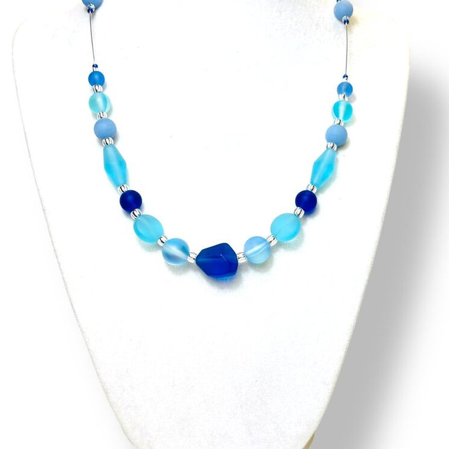 Tumbled Sea Glass Necklace Chunky - Aqua/Cobalt/LtSapphire