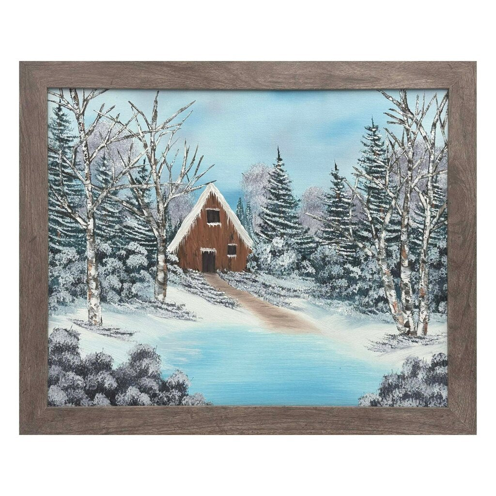 #214 Winter Cabin original oil on canvas 16"x20" with a brown frame