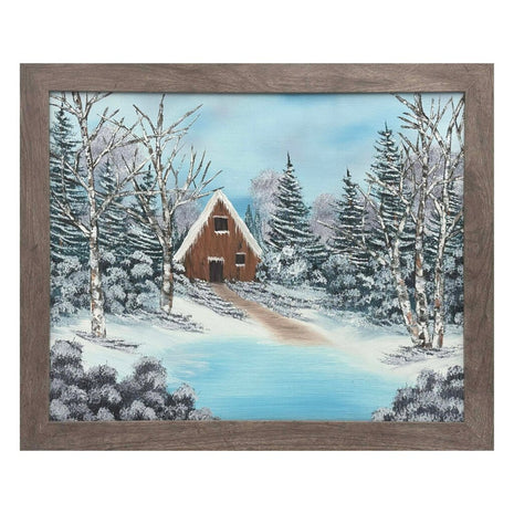 #214 Winter Cabin original oil on canvas 16"x20" with a brown frame
