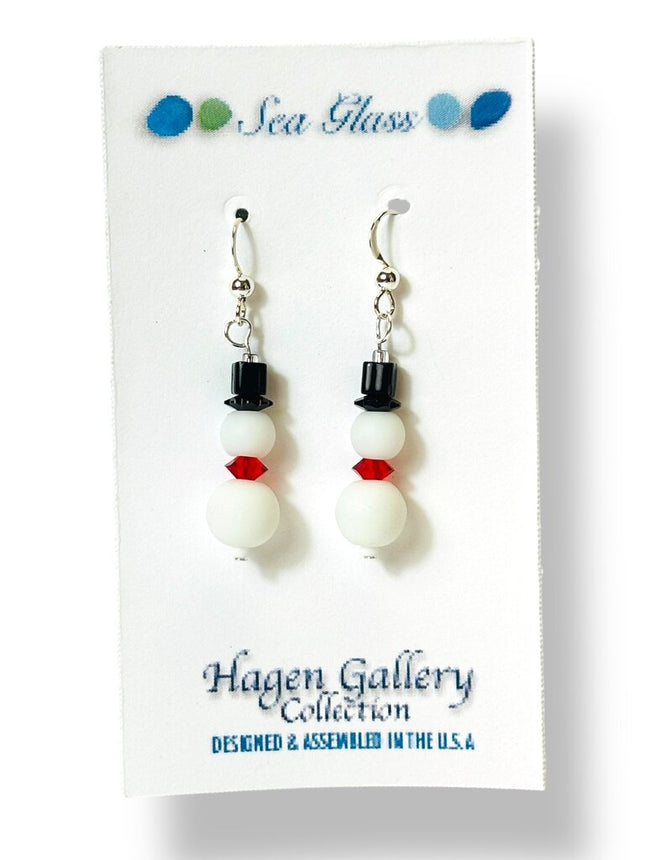 Tumbled Glass Earrings - Snowmen w Red scarf