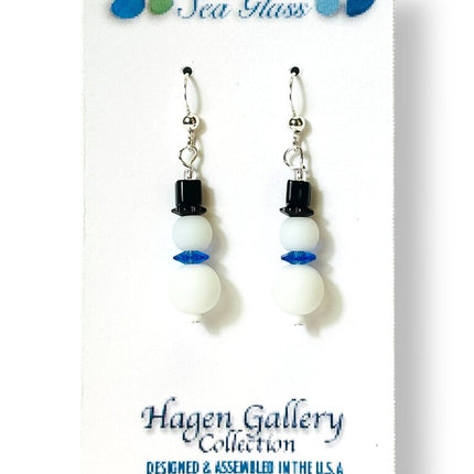Tumbled Glass Earrings - Snowmen w blue scarf