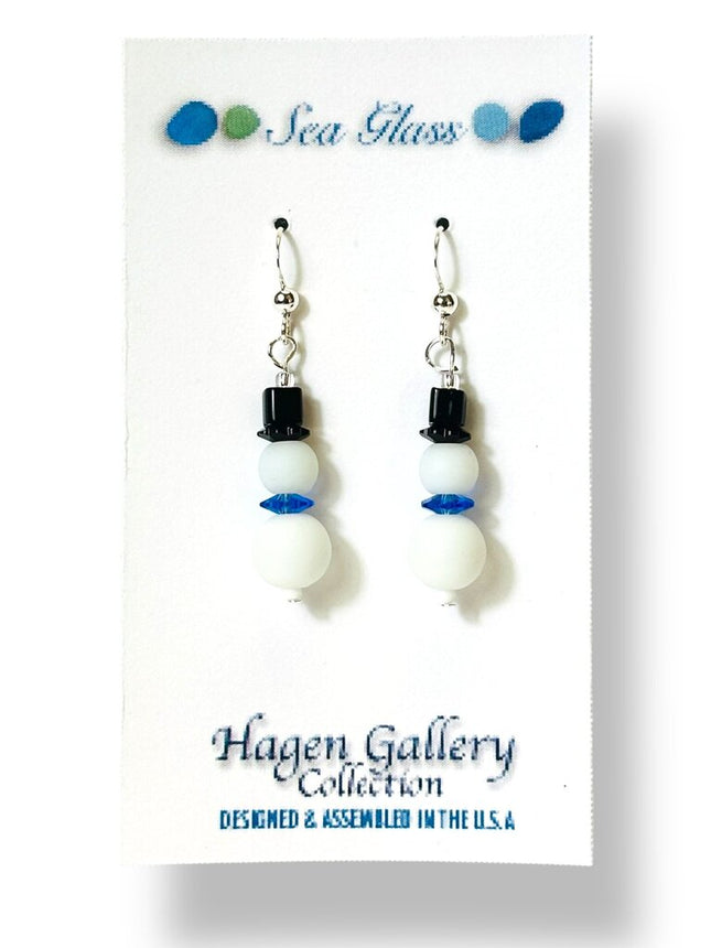 Tumbled Glass Earrings - Snowmen w blue scarf