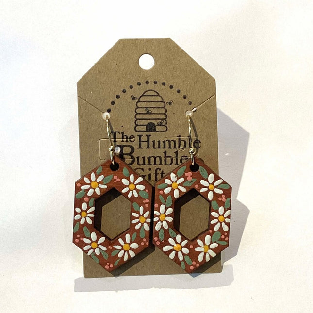 Brown hexagon daisy earrings
