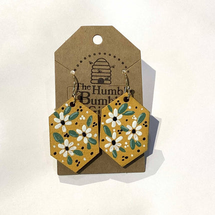 Mustard daisy hexagon earrings